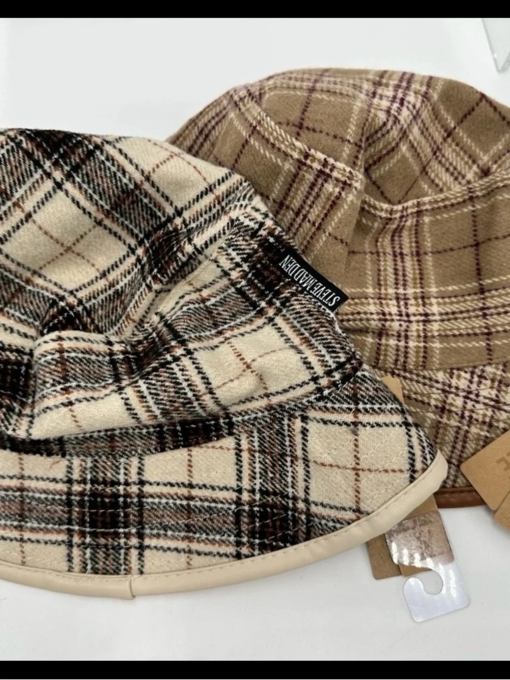 Steve Madden Plaid Reversible Bucket Hat - Cream, LOT OF TWO, Tan & Brown, NWT